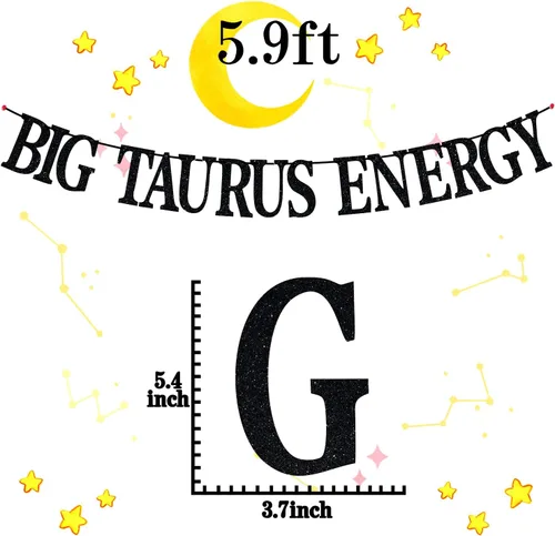 Miniatura 7 de Cartel de energía de Tauro grande con purpurina negra, decoración de fiesta de cumpleaños de Tauro de abril/mayo - 12 decoraciones de fiesta