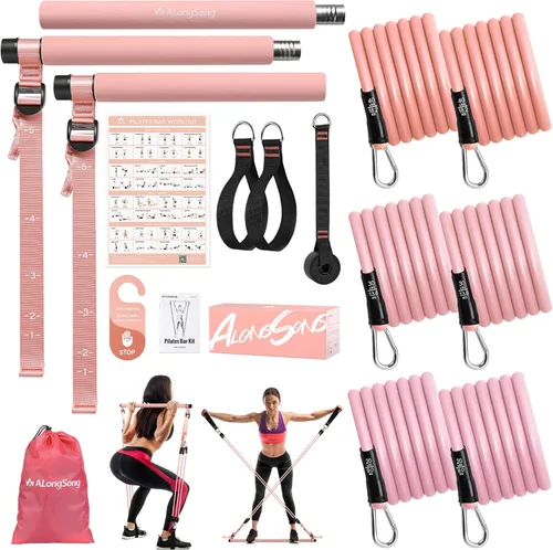 Upgraded Pilates Bar Kit with Resistance Bands Natural Latex for Women & Men, Heavy-Duty Stainless Steel Multifunctional Yoga Pilates Stick for Home