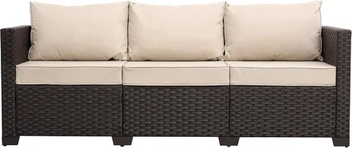 Miniatura 8 de Rattan Star Muebles de exterior, sofá de 3 plazas, sofá de mimbre marrón para exteriores, asiento profundo, respaldo alto, sofá de patio con cojines
