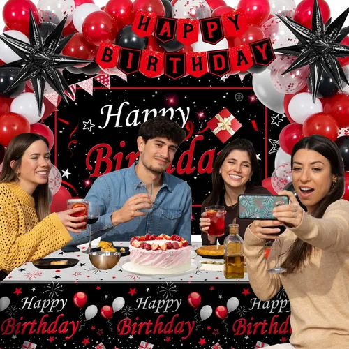 Miniatura 5 de Decoraciones de Cumpleaños Rojas para Hombres Mujeres Niños Niñas, 75 PCS Decoraciones de Fiesta Rojas y Negras Telón de Fondo Pancarta de Feliz