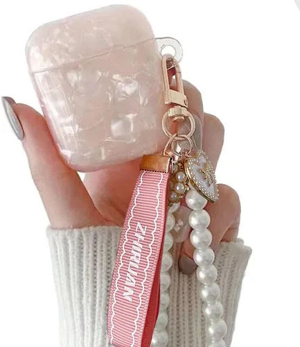 Funda para Airpods, auriculares, funda protectora con llavero de perla, accesorios para Airpods compatibles con estuche de carga AirPods 2 y 1 (rosa)