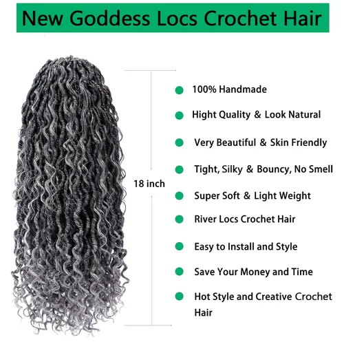 Miniatura 3 de Cabello de Ganchillo Faux Locs de 18 Pulgadas Goddess Locs Gris Degradado para Mujeres 6 Paquetes Trenzas Suaves Gris Río Pre-Enrolladas con Puntas