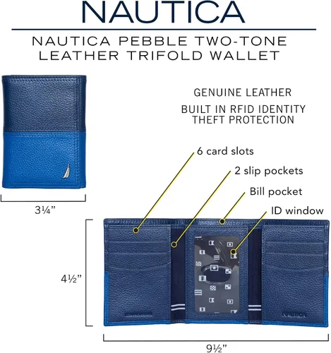 Miniatura 23 de Nautica Men's Trifold Wallet RFID Blocking Protection ID Window Card Slots Genuine Leather Durable