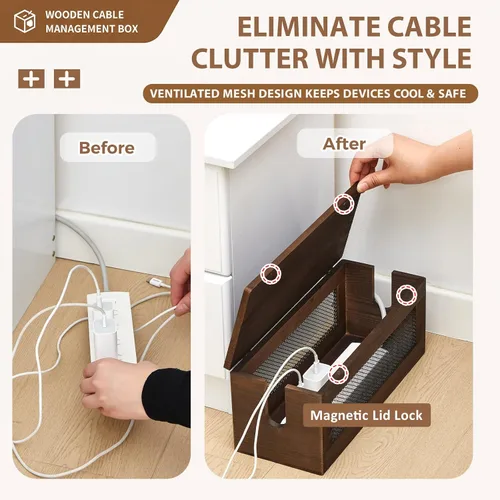 Miniatura 4 de Chunful Caja de organización de cables de 13 pulgadas, organizador de cables de madera con tapa magnética y organizador para regleta