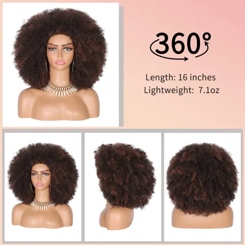 Miniatura 5 de Kalyss Pelucas afro largas de 16 pulgadas para mujeres negras, pelucas afro afro rizadas de los años 70 con reflejos marrones, pelucas grandes