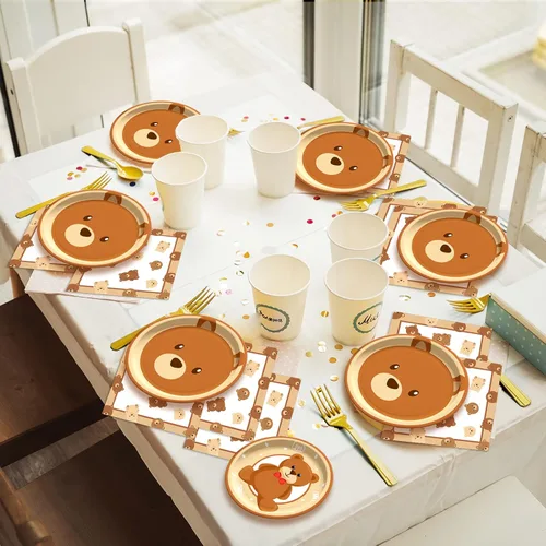 Miniatura 6 de 96 piezas de platos de fiesta de baby shower con tema de oso, decoraciones con texto en inglés «We Can Bearly Wait», vajilla para bebé con tema