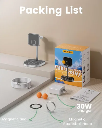Miniatura 7 de KU XIU X85 - Estación de carga 3 en 1 de 3 puntos para Apple, soporte de cargador inalámbrico magnético de aleación de aluminio con mini baloncesto