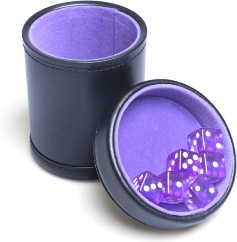 Miniatura 5 de Taza de dados de piel sintética con forro de terciopelo morado con tapa, incluye 6 dados translúcidos morados para mentirosos dados Farkle Yahtzee