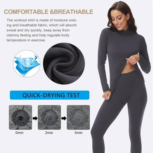 Miniatura 4 de Conjunto de ropa interior térmica con cuello alto falso para mujer, forro polar ultrasuave y cálido