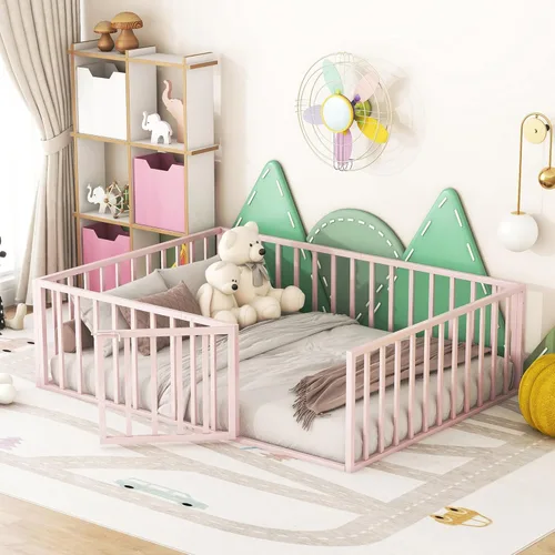 Harper & Bright Designs Base de cama de metal de tamaño matrimonial con rieles, cama de suelo Montessori matrimonial con valla y puerta, para niños