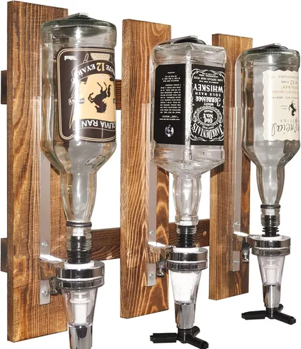 Miniatura 3 de Dispensador de licor montado en la pared de 2 botellas, estante de pared de madera para bar en casa, dispensador de bebidas de vidrio para fiestas