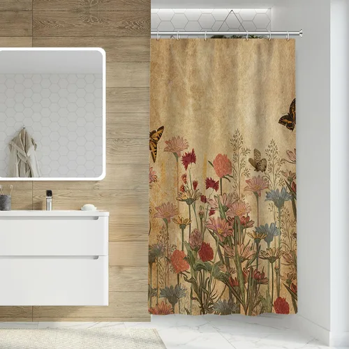 Miniatura 2 de Cortina de ducha rústica para baño, cortina de ducha bohemia retro con flores botánicas, 36 x 71 pulgadas, hojas de plantas naturales, mariposa