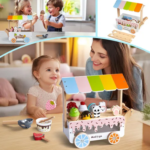 Miniatura 7 de Carrito de Helados de Madera Juguete Playset con Juguetes de Helado Juego de Comida de Simulación Camión de Comida Accesorios de Cocina de Juego