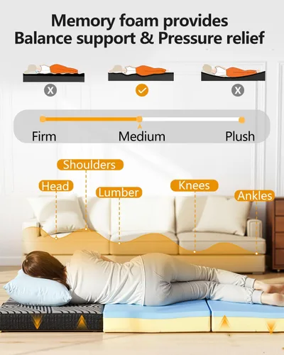 Miniatura 4 de Colchón triple plegable de 6 pulgadas, cama plegable de espuma viscoelástica, cero olor, funda extraíble 100% poliéster, asas resistentes, malla
