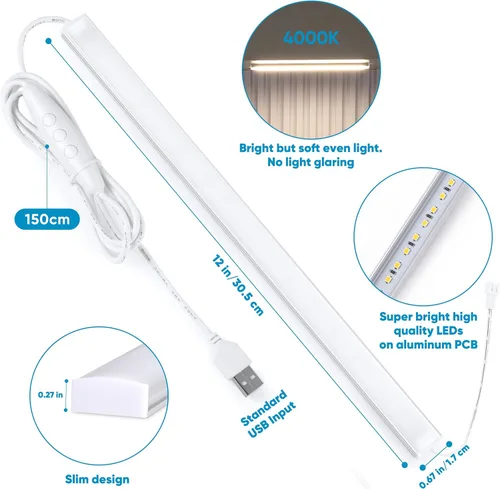 Miniatura 5 de Litever Kit de iluminación LED enchufable para debajo del gabinete con adaptador, regulador, 2 piezas de tiras de luz LED USB de 12 pulgadas. Blanco