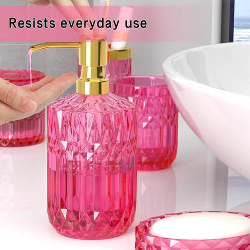 Miniatura 5 de Juego de accesorios de baño rosa intenso de vidrio 5 piezas, juego de baño rosa intenso, juego de dispensador de jabón y soporte para cepillo