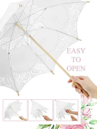 Miniatura 3 de 6 paraguas de encaje Paraguas vintage de encaje de boda con asa para dama de honor, mujeres de flores (blanco)