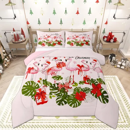 Miniatura 17 de Juego de edredón de Feliz Navidad, tamaño individual, juego de ropa de cama de flores rojas de Navidad, bayas y hojas, para niños y hombres, juego
