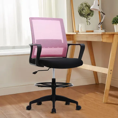 Silla de redacción alta para escritorio de oficina, respaldo medio, altura de barra ajustable, silla de oficina con soporte lumbar y anillo para los