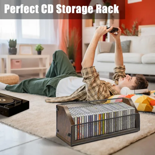 Miniatura 6 de Estante de almacenamiento de CD, organizador de CD de madera con capacidad para 64 CD (32 cada uno), estante retro para CD de escritorio, perfecto
