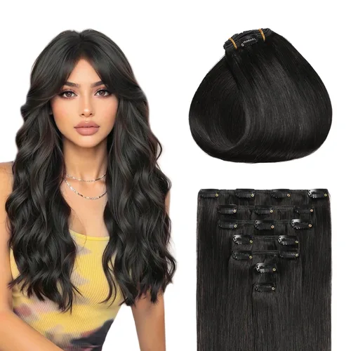 Miniatura 11 de Sunya Extensiones de cabello humano real con clip, color negro azabache, doble trama, lacio, 12 pulgadas, #1, 8 unidades, 3.53 oz