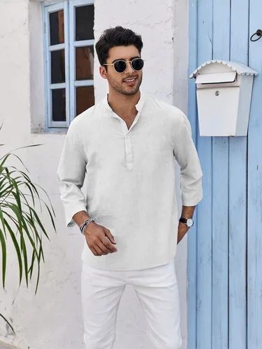 Miniatura 2 de Mens Linen Cotton Henley Shirts Lightweight Button Up Casual Tees 34 Sleeve Beach Plain Pullover V Neck Summer Tops