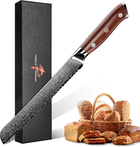 Miniatura 16 de Juego de 4 cuchillos de carne serrados de Purple Dragon de acero alemán de alto carbono con mango cuadrado de madera - Corte sin esfuerzo - Regalo