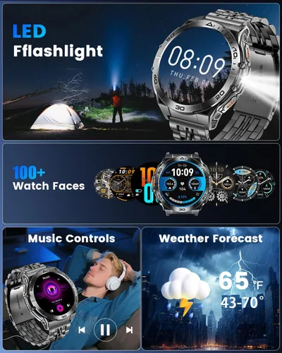 Miniatura 6 de Reloj inteligente militar para hombres, pantalla AMOLED de 1.60 pulgadas siempre encendida, 600 mAh (7 a 10 días), linterna LED, llamada Bluetooth