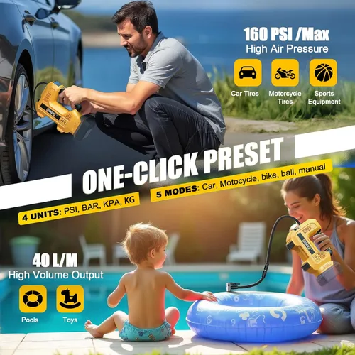 Miniatura 5 de DIYtoolifz Inflador de neumáticos inalámbrico de 160 PSI, compatible con compresor de aire Dewalt de 20 V, bomba de aire portátil de apagado