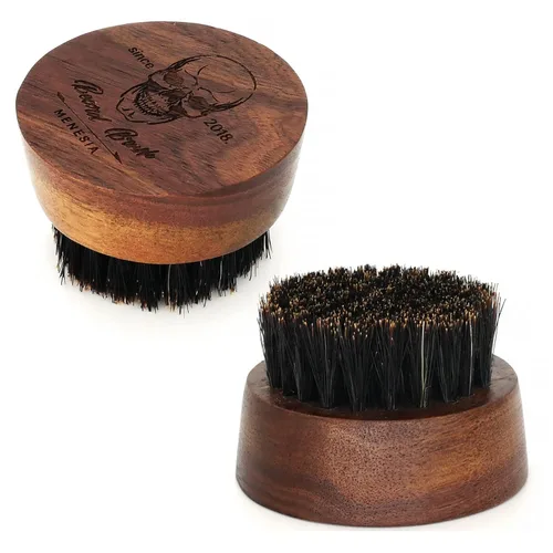 Cepillo de barba pequeño y redondo, cepillo de bolsillo para hombre, cerdas de jabalí de madera, cepillo para bigote para hombre (calavera)