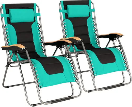 Miniatura 12 de Goplus Sillón plegable de gravedad cero, silla de patio reclinable acolchada de gran tamaño con reposabrazos de haya y almohada para la cabeza