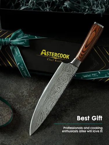 Miniatura 7 de Astercook Cuchillo de chef, cuchillo de cocina profesional de 8 pulgadas, cuchillo ultra afilado de acero inoxidable alemán de alto carbono, 2-Madera