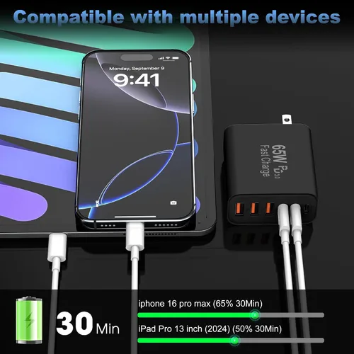 Miniatura 3 de Bloque de carga USB C, 65 W, 6 puertos, bloque de carga USBC, cargador de pared, cargador de iPhone, carga rápida, multipuerto tipo C, PD+QC, Negro
