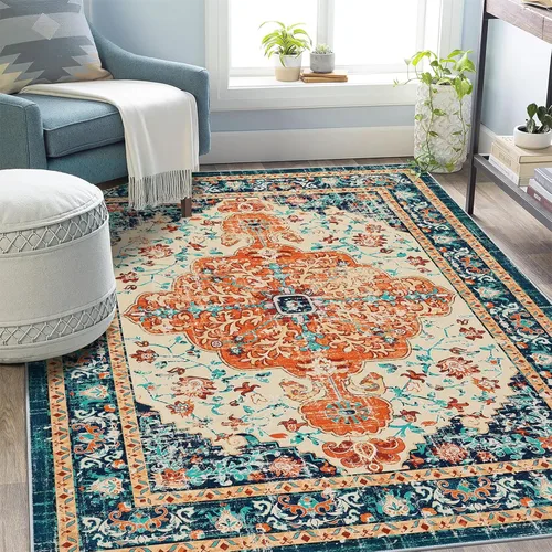 Miniatura 91 de U'Artlines Alfombra de Área Bohemia Lavable, 2x3 Pequeña Suave Antideslizante Vintage Felpudo para Puerta Frontal Interior Alfombra Verde