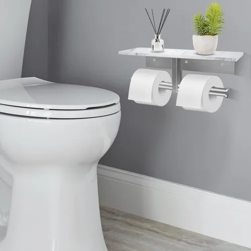 Miniatura 6 de Soporte de papel higiénico con estante, soporte de pared doble para papel higiénico y 2 ganchos adhesivos gratuitos para baño, baño, soporte