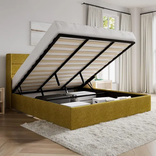 Miniatura 16 de SHA CERLIN - Cama de tamaño completo con almacenamiento elevado/Cabecero abatible moderno/Base de cama tapizada con plataforma/Almacenamiento Beige