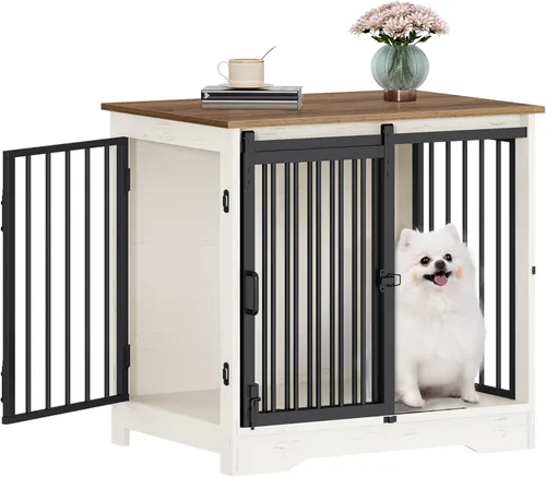 Miniatura 18 de Hzuaneri Mueble de jaula para perros de 31.9 pulgadas con puerta de granero, perrera resistente para interiores con 2 puertas, mesa auxiliar