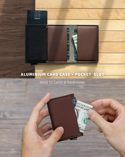 Miniatura 4 de VULKIT Tarjetero RFID Bloqueo de Cuero Automático Pop Up Cartera Aluminio Slim Pocket Tarjeta de Visita