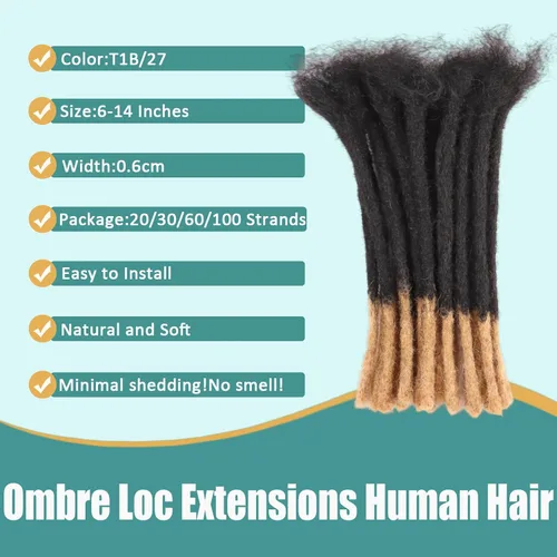 Miniatura 2 de Viovian Extensiones de rastas de 0.23 pulgadas de cabello humano de 6 pulgadas, 20 hebras ombré, extensiones de cabello humano para hombres, 1b/27