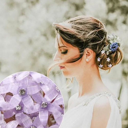Miniatura 7 de 30 horquillas para el pelo de novia de boda con flores moradas, clip de cabeza de novia, pasadores de pelo con diamantes de imitación de cristal