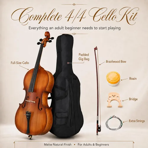 Miniatura 4 de Kit de violonchelo acústico 4/4 para adultos, principiantes, juego completo de violonchelo de tamaño completo con bolsa portátil, arco, colofonia
