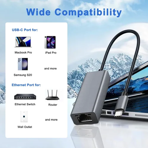 Miniatura 5 de Adaptador USB C a Ethernet, concentrador de red portátil de 1 Gigabit, 10/100/1000 Mbps, adaptador de Internet USB 3.0 a RJ45 compatible con laptop