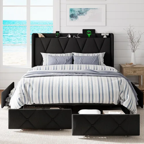 Miniatura 10 de GalnFu Base de cama de tamaño matrimonial con 4 cajones de almacenamiento, plataforma tapizada con estación de carga, moderna cabecera de Beige