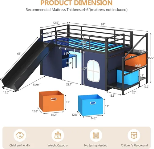 Miniatura 2 de DICTAC Cama alta baja con tobogán, escalera de almacenamiento y luces LED, cama alta de metal tamaño individual con espacio de juego debajo