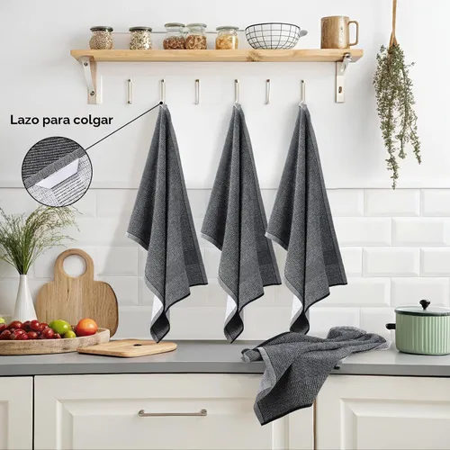 Miniatura 4 de Mordimy Paquete de 6 paños de cocina de alta calidad (18 x 28 pulgadas, negro), toalla de mano grande de algodón, paños planos y de rizo para secar