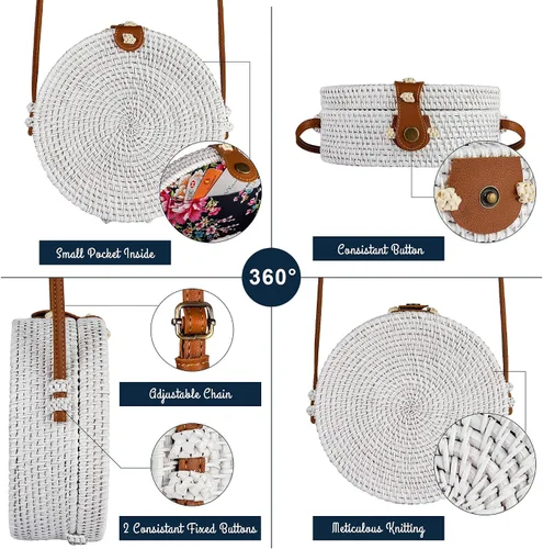 Miniatura 4 de Natural Neo - Bolsa tejida a mano de mimbre redonda y elegante con correas de cuero natural