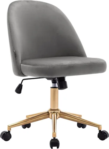 Miniatura 3 de DUHOME Bonita silla de oficina en casa sin brazos, silla giratoria de terciopelo tapizada para computadora con respaldo y base dorada, silla