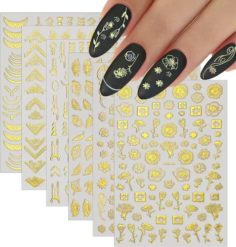Miniatura 10 de 12 hojas de calcomanías de uñas doradas, calcomanías de uñas autoadhesivas 3D de metal con diseño de rayas geométricas onduladas, diseños de arte