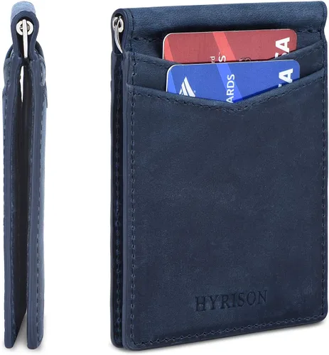 Miniatura 8 de HYRISON Cartera de cuero genuino Slim doble bolsillo frontal para hombres con clip de dinero bloqueo RFID