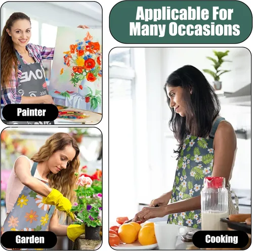Miniatura 5 de Jeffbaubl Paquete de 4 delantales florales con bolsillo, delantales de cocina ajustables, delantales impermeables para mujeres, delantales de cocina